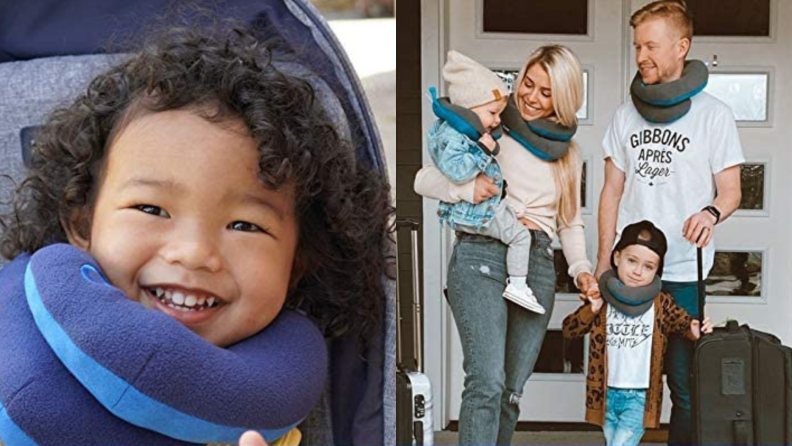 A child and a family wear neck pillows.