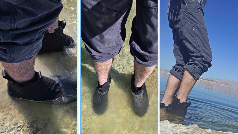 Three pictures of the author dipping his feet wearing the Vessi shoes into lake water.