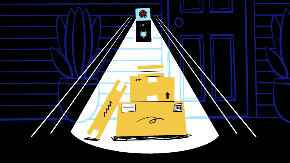 An illustration of packages on a front porch, protected by a camera doorbell.
