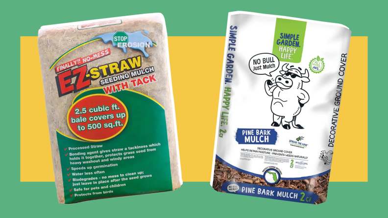 Two packages of straw and mulch against a yellow and green background.