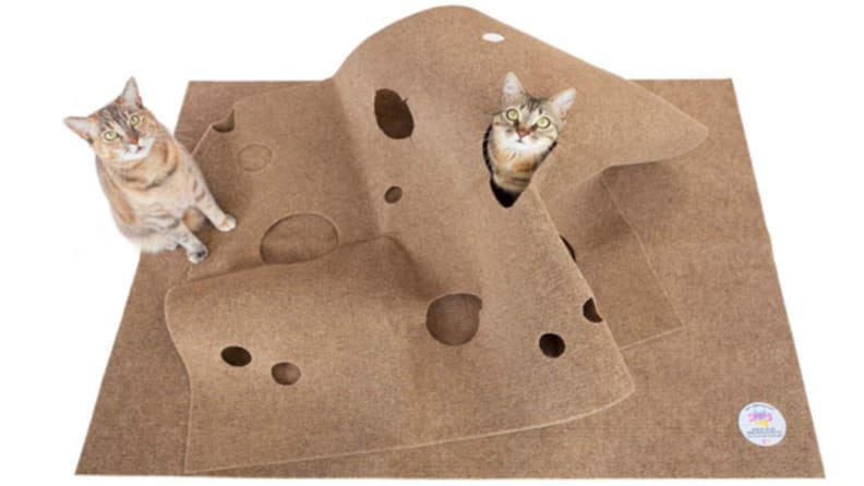 An image of cats playing in a rippled, holey rug.