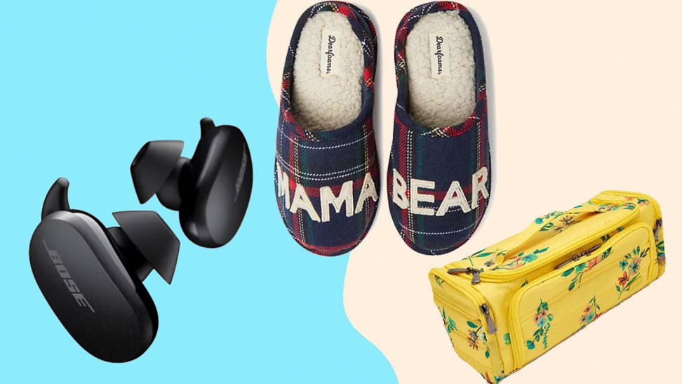 An image of Bose headphones, Mama Bear slippers, and a packing tote on a blue and tan background.