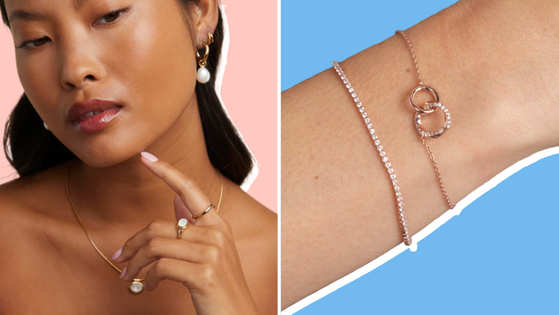 Collage of photos showing a ring and bracelets sold at Astrid and Miyu