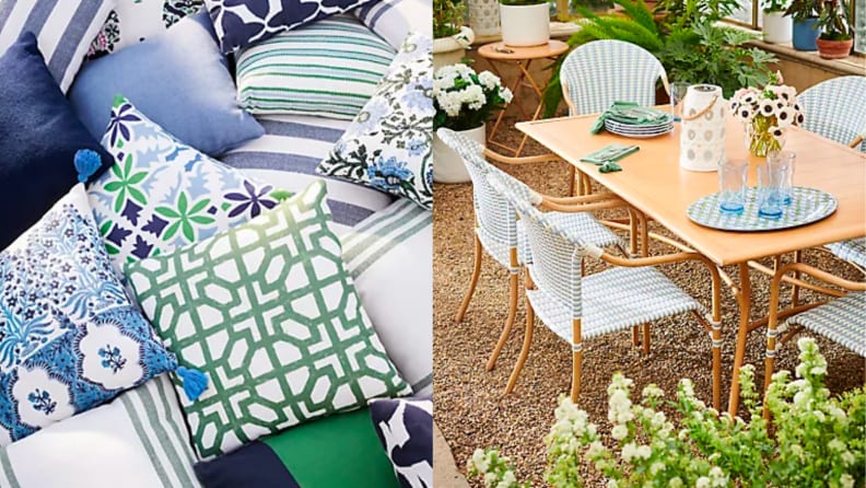 Picture of a pile of plaid pillows alongside a picture of a few gingham cafe chairs sitting around a table outside.