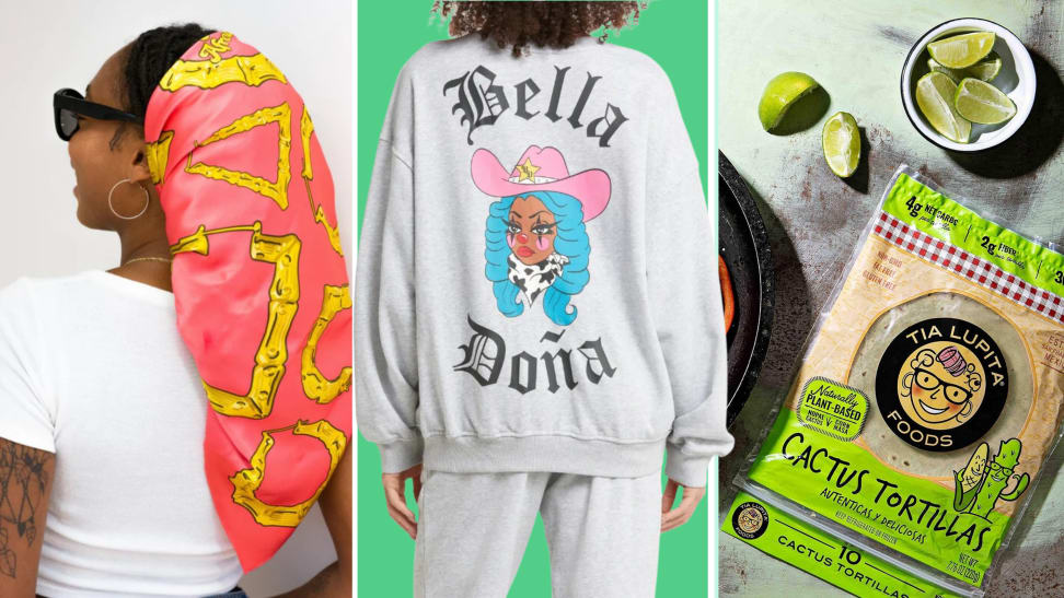 Split image of a bamboo hoop-printed silk scarf from Yo Soy AfroLatina, a woman wearing a sweatshirt of a feminine rodeo clown from Bella Doña, and a table spread of fajitas, lime, and a bag of Tia Lupita's corn masa tortillas.