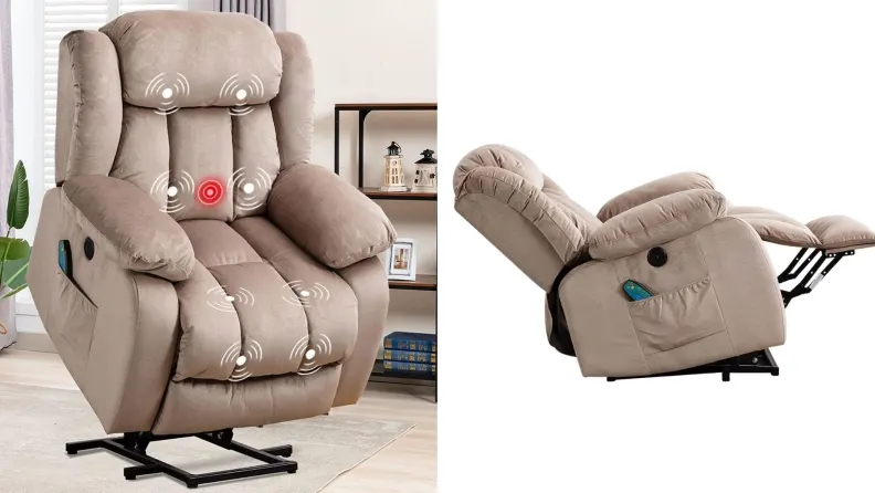 On left, recliner raised to lit position, on right, recliner laid back