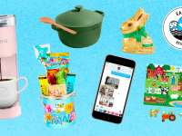 A pink coffee maker, cell phone, puzzle, green cookware, and Easter candies against a blue background.