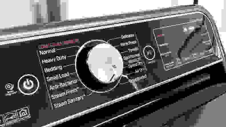 The control panel of the LG DLEX7900BE dryer, showcasing its cycle-selection dial and touchpad controls.