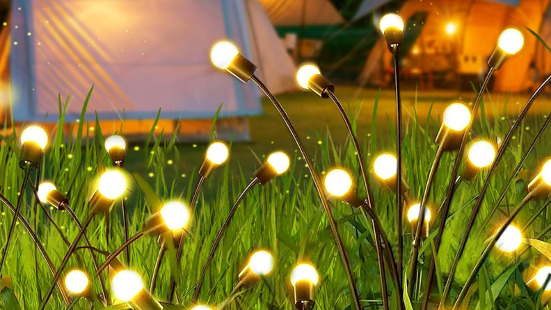 Flexible Firefly Solar Lights sway gently in the breeze against a green lawn and tents in the background.