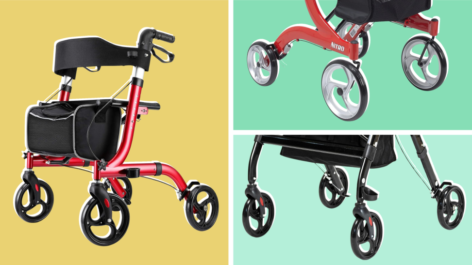 Red Rinmko rollator pictured to closeups of the wheels of the Drive Medical Nitro RTL10266 and Helavo Rollator H1050