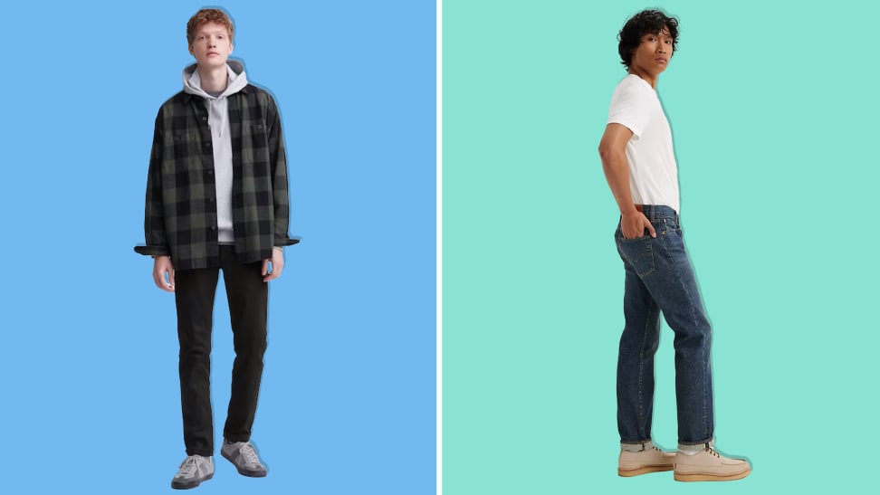 A man wearing a pair of Uniqlo jeans on a blue background and a man wearing Levi's jeans on a teal background.