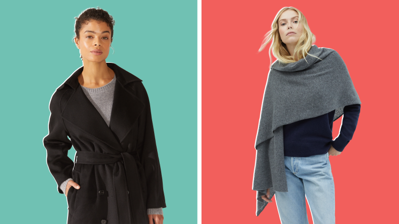 Images of the Elise Cashmere-Wool Trench Coat and the Amara Cashmere Wrap.