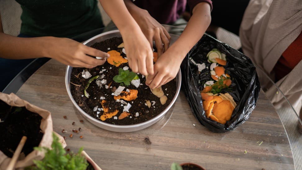 A group of people add food clippings to a compost pile.