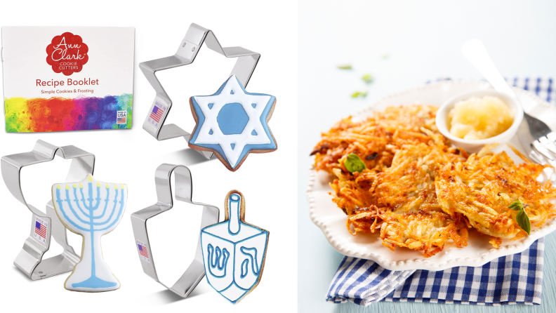 On the left: a set of three Hanukkah cookies cutters and frosted cookies. On the right: a plate of latkes and a jar of applesauce