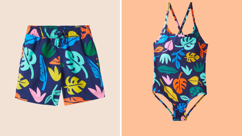 matching swim trunks and one-piece swimsuits in a navy blue leaf print