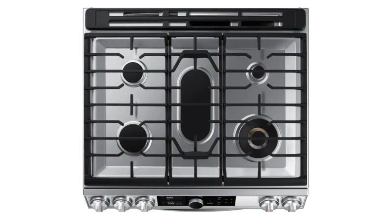 The five burners on the Samsung NY63T8751SS range.
