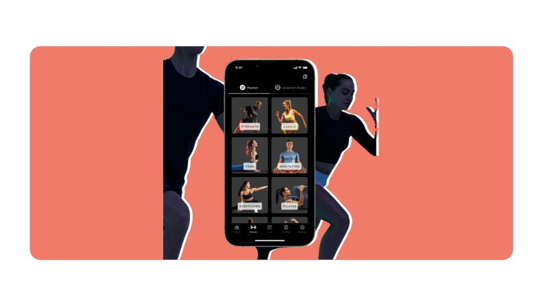 A smartphone with the lululemon Studio mirror app in front of two people's silhouettes.
