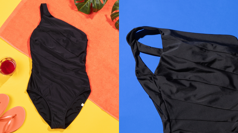 A Summersalt Sidestroke one-piece swimsuit in black. There is a detail of the strap on the right.