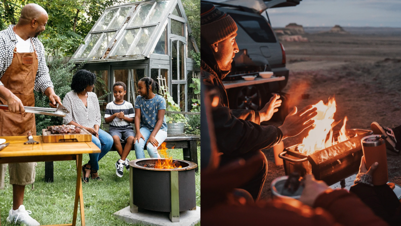 On left, family outdoors barbecuing on grill around fire pit.