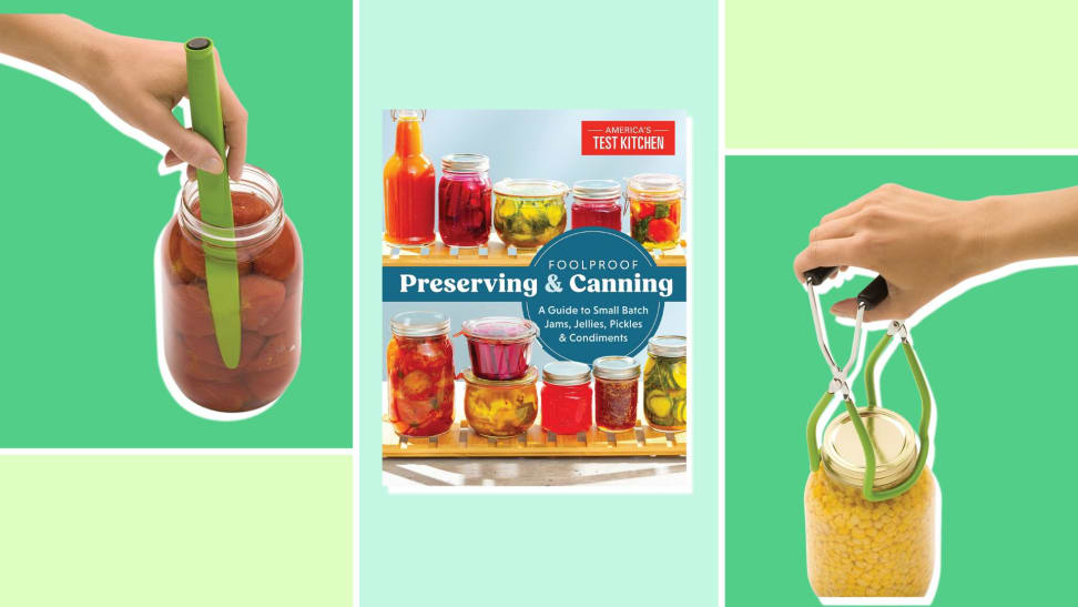 Hands using canning tools to prepare preserved produce, as well as the cover of Preserving & Canning book on a green background
