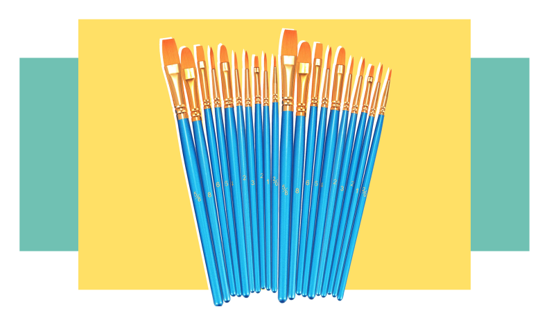 A set of blue and gold paint brushes.