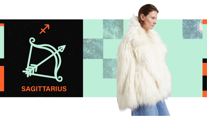 On the left is the symbol for Sagittarius, and on the right is a model wearing a furry white coat.