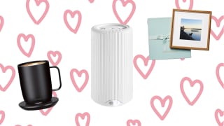 A cream Tory Burch handbag, a Brilliant Earth diamond pendant, a woman wearing a cream lululemon Scuba hoodie, a Monstera plant from The Sill, and a cream KitchenAid stand mixer