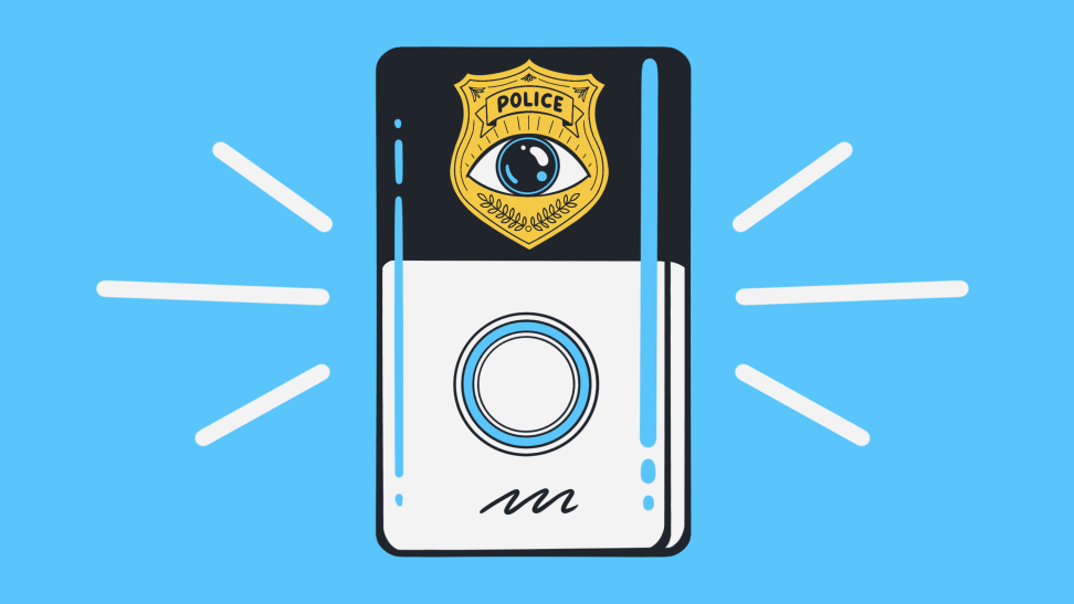 An illustration of an police badge-shaped eyeball placed on the top of a video doorbell with a blue background.