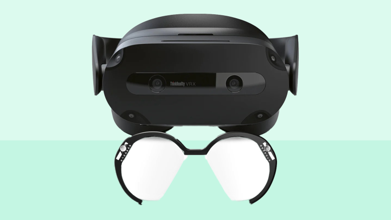 Product shot of the Voy Glasses Tunable Lenses and a VR headset.