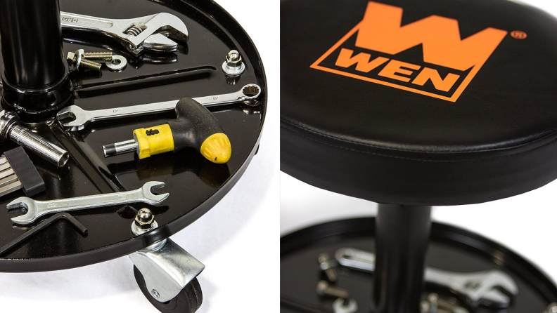 A Wen pneumatic rolling mechanic stool seat  features a shelf housing tools.