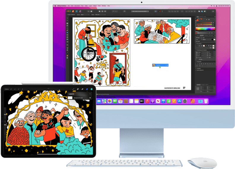 A mockup of an iPad and iMac next to each other, both showing illustrations on their screens.