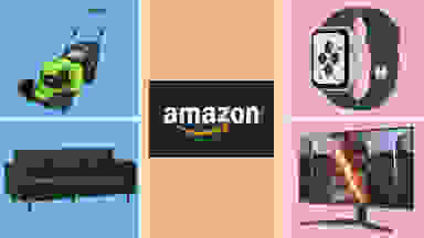 A Greenworks green push mower in the upper left against a blue background. A blue Rivet couch in the bottom left against a blue background. An LG television displaying the Amazon logo against an orange background. An Apple Watch against a purple background in the upper right. An LG Monitor in the lower right against a purple background.