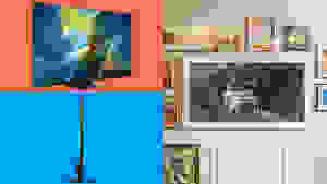 A visually striking showcase of three Samsung TVs. On the left, the QD-OLED TV stands out against a coral background, emphasizing its vivid colors and sleek design. Below it, set against a blue background, is the Neo QLED TV, featuring a thin stand and a modern, minimalist aesthetic. On the right, The Frame TV is mounted on a wall, blending seamlessly into a gallery-style arrangement of art frames.