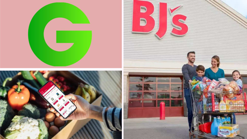 The Groupon logo in front of a colored background surrounded by BJ's Wholesale Club images.