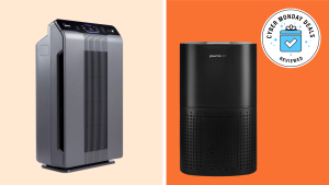 Winix and PuroAir air purifiers on a colorful background with a Cyber Monday badge in the corner.