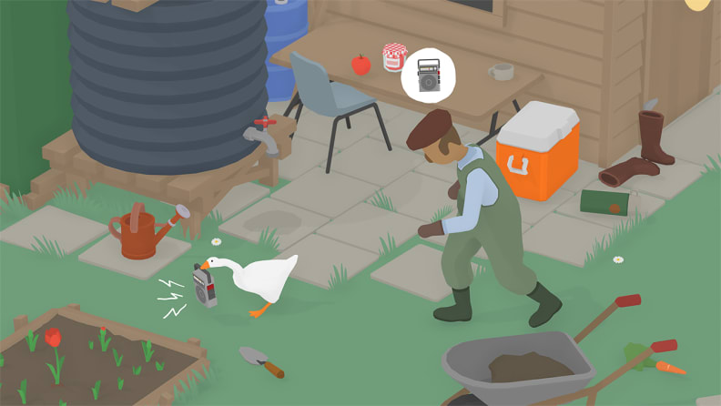 A farmer chases a white goose off his pumpkin patch after he caught the goose stealing a rake.