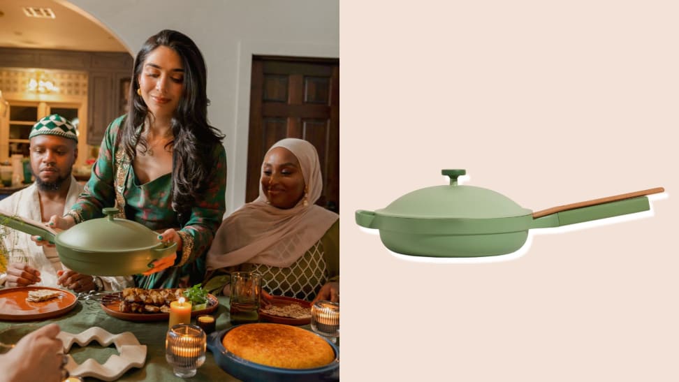 Left: Shiza Shahid placing always pan on full dinner table. Right: Crescent Always Pan on beige background
