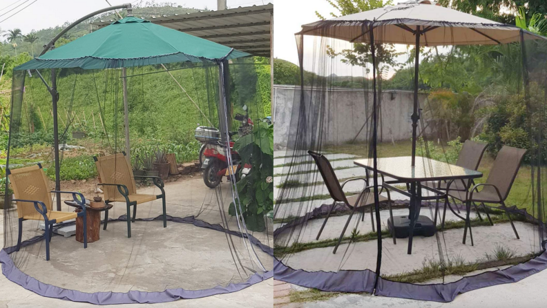 Patio umbrella covered with anti-mosquito netting.