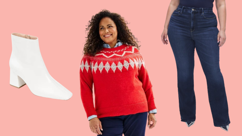 Collage of a white ankle boot, a model wearing a red Fair Isle sweater, and a model wearing boot cut jeans.