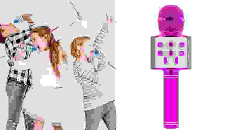 On left, three children using cordless microphones to sing together. On right, pink cordless microphone.