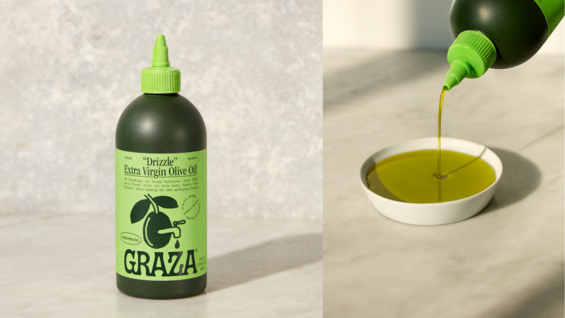 Two shots of a bottle of Graza's Drizzle olive oil.