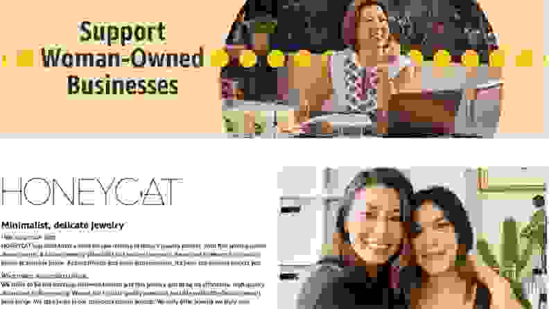 Screenshot of a website imploring folks to support woman-owned businesses online. It includes photos of three women.