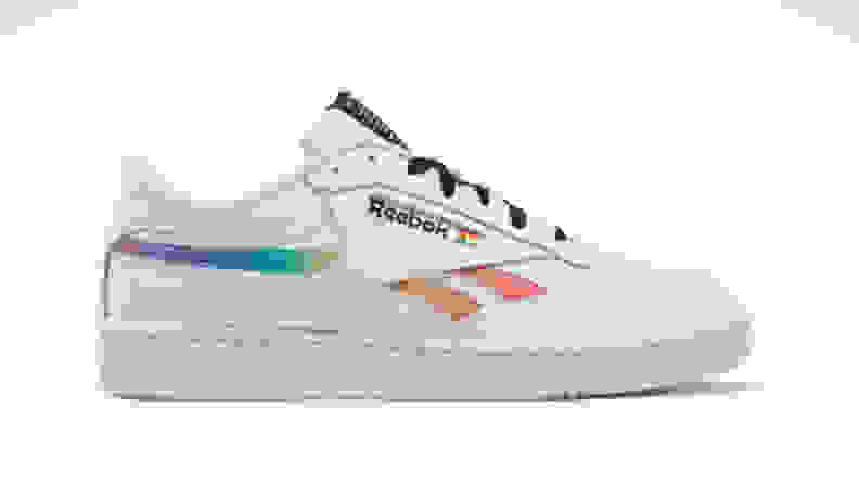 A Reebok Club C shoe, getting a makeover for Pride month.