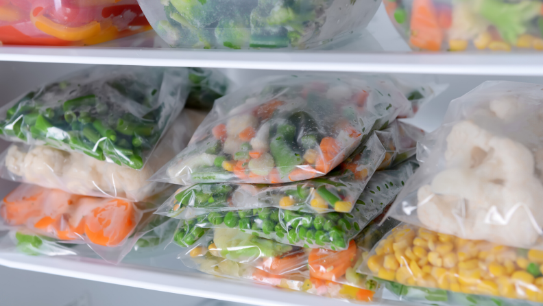 Frozen vegetables in a freezer