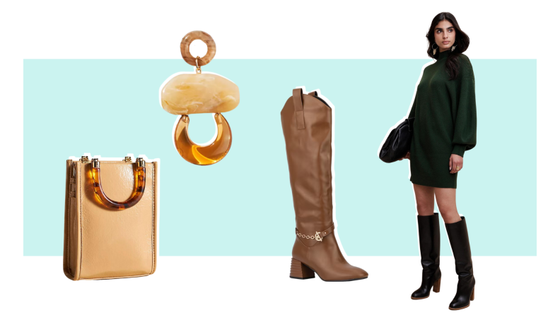 A tan purse with enamel handle, an earring with enamel details, a knee-high leather boot, and a model wearing a dark green sweater dress.
