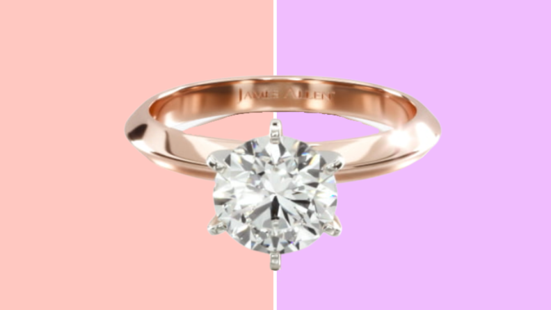 A  rose gold ring with a solitaire style lab-created diamond.