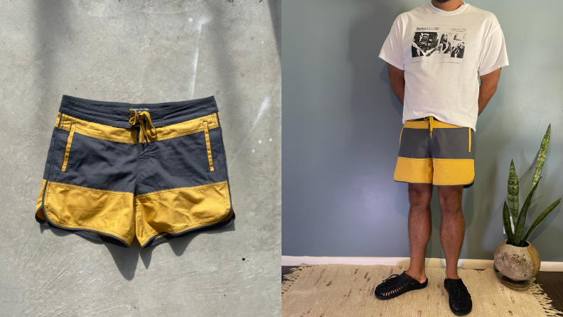 yellow and blue striped 5-inch inseam shorts from United By Blue, man wearing white T-shirt in yellow and blue board shorts by United By Blue