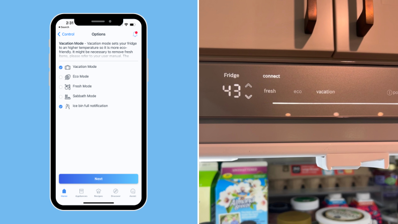 Left: Screenshot of the Home Connect app Options screen with Vacation Mode selected. Right: The top control panel on the Bosch fridge showing the temperature set to ‘vacation.’