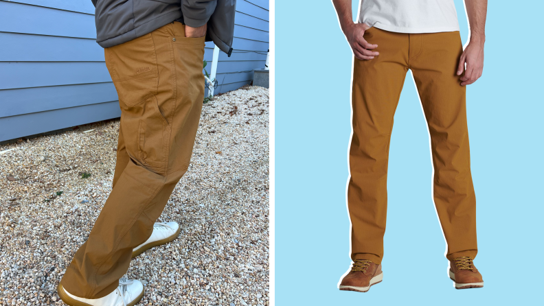Collage of khaki pants against blue backgrounds, one on the author and the other on a model.
