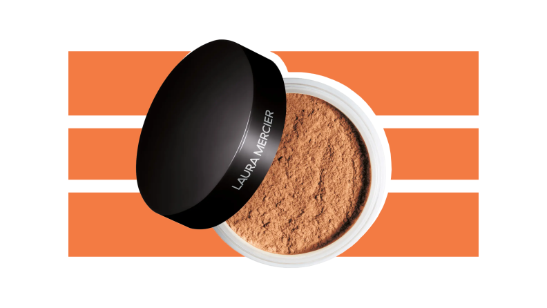 Laura Mercier Translucent Loose Setting Powder against an orange and white background.